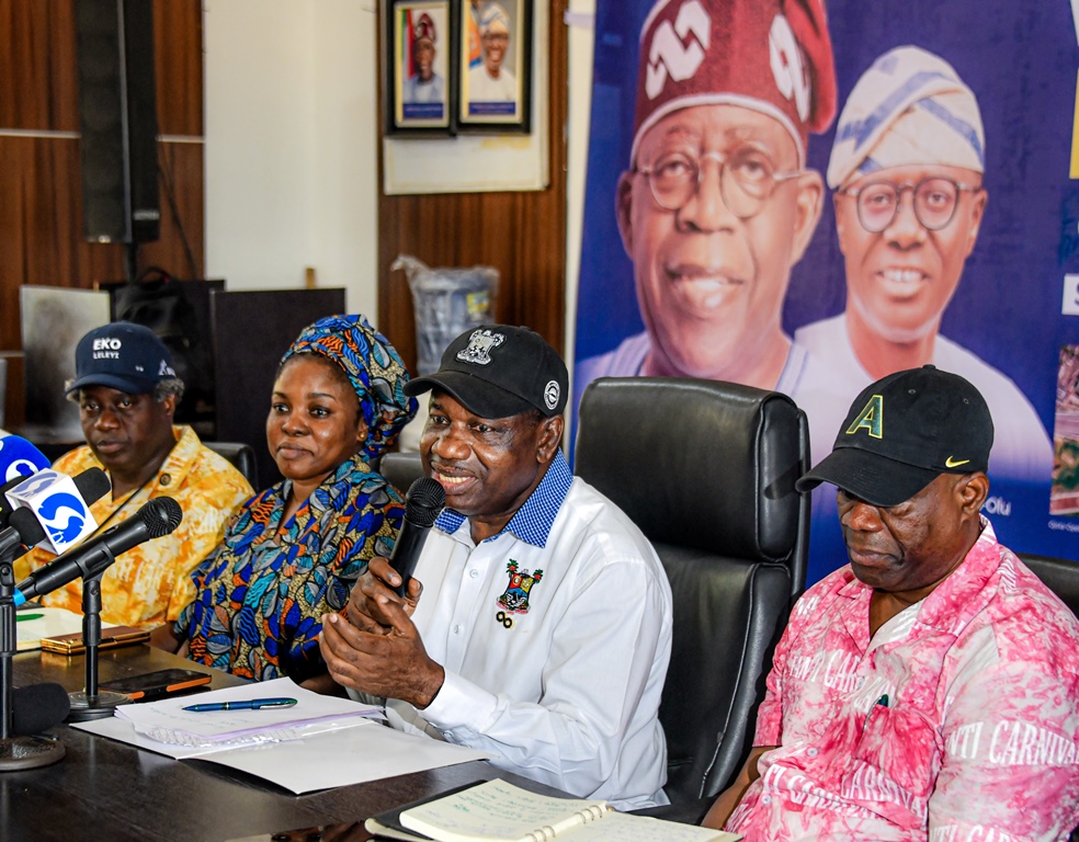 Special Adviser to the Governor on e-GIS and Urban Development, Dr. Olajide Babatunde; Commissioner for Agriculture and Food System, Ms. Abisola Olusanya; Commissioner for Information and Strategy, Mr. Gbenga Omotoso and Special Adviser to the Governor on Works, Dr. Adekunle Olayinka during a Press Briefing on the two-day visit of President Bola Tinubu’s official visit to Lagos for commissioning of projects across the State, held at the Bagauda Kaltho Press Centre, the Secretariat in Alausa