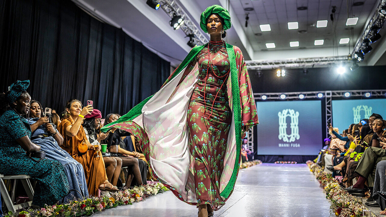 A model wearing an outfit by Nigerian brand Wanni Fuga walks the catwalk during the main show of Nairobi Fashion Week in Nairobi, on January 31, 2026